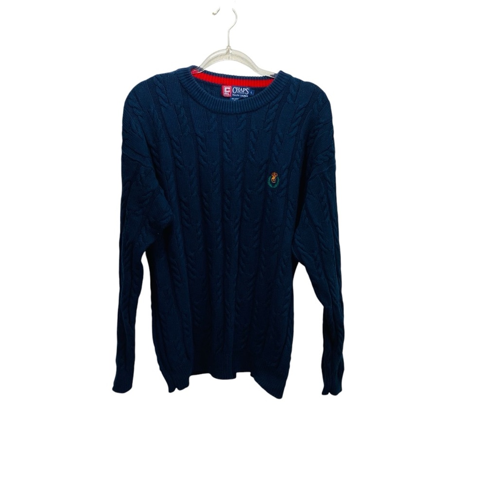 Ralph Lauren Chaps Cable Knit Sweater Mens LG‎ Navy Blue Cotton Nautical Beachy